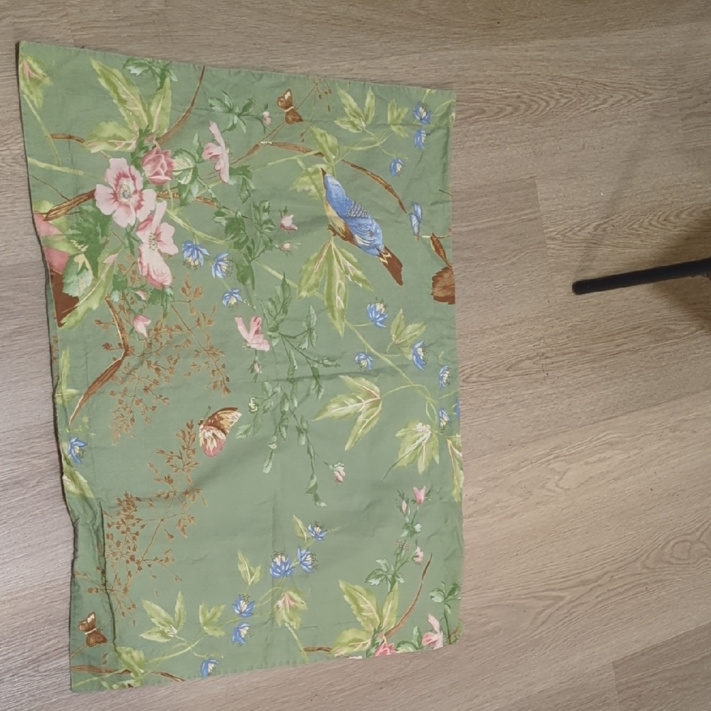 Pottery Barn Green Pillowcase with Floral and Butterfly Design